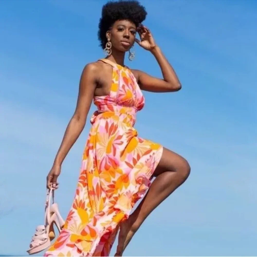 Abel The Label | Dresses | Nwt Abel The Label Rumi Tropical Halter Orange Pink Smocked Maxi M Rayon Dress
